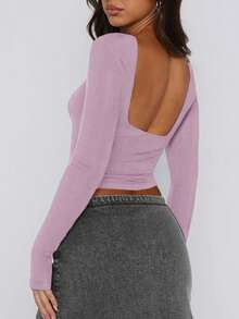 Blusa esportiva feminina Vaiaye de manga comprida, sexy e sem costas, ideal para o Natal, Ano Novo e Dia de Ação de Graças. Modelagem justa. - Roxa - Ver 9