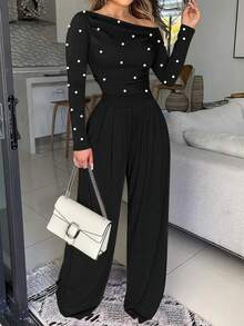 Bộ jumpsuit nữ màu trơn đính ngọc trai giả, viền bèo nhún, kiểu dáng thường ngày, phù hợp cho công sở và sinh hoạt hàng ngày, màu đen thanh lịch mùa xuân. - màu đen - Xem 1