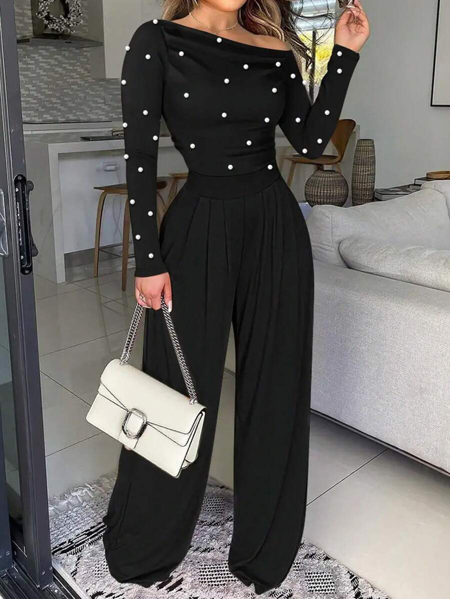 Bộ jumpsuit nữ màu trơn đính ngọc trai giả, viền bèo nhún, kiểu dáng thường ngày, phù hợp cho công sở và sinh hoạt hàng ngày, màu đen thanh lịch mùa xuân. - màu đen - Xem 1