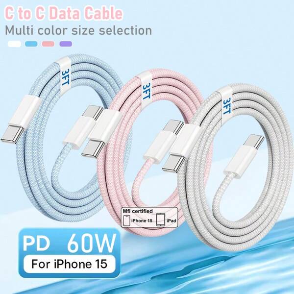 3 Packs USB C To USB C Braided Cable Compatible With IPhone 17/Air/16/15 Pro Max, Type C 60W Braided Fast Charging Cord PD 3.0 Compatible With MacBook Pro/Air IPad, Galaxy S25/S24, [3/6FTx3]-Multi Color