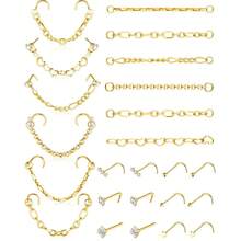 MTLEE Nose Ring Chain Piercing Across Double Nose Stud CZ Heart Ball L Shaped Stainless Steel Piercing Jewelry Nostril Chain For Women Men{"Color_name":"Gold"} - vàng - Xem 1
