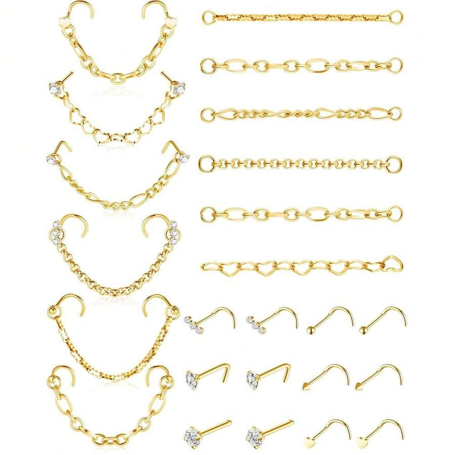 MTLEE Nose Ring Chain Piercing Across Double Nose Stud CZ Heart Ball L Shaped Stainless Steel Piercing Jewelry Nostril Chain For Women Men{"Color_name":"Gold"} - vàng - Xem 1