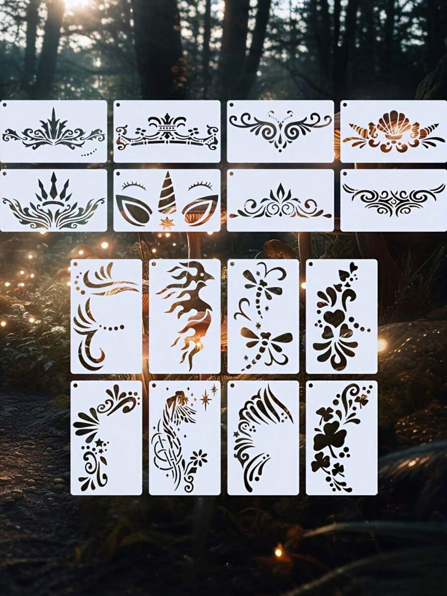 16pcs/Set Reusable Face Painting Stencils, Suitable For Makeup, Parties And Festivals - Flexible Patterns Applicable To Wood, Canvas, Paper, Fabric And More Materials - Multicolor - View 1