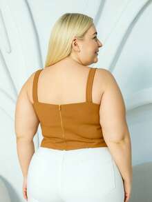 PLUS SIZE BENGALINE CROPPED TOP WITH STRAP AND POINT DETAIL - 駝色 - 查看 2