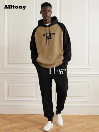 Alltony 男士春秋轻质字母和数字印花运动服，长袖撞色连帽运动衫和抽绳慢跑裤两件套，时尚休闲装，适合街头、跑步、旅行、户外、通勤