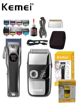 Kemei Erkekler İçin Profesyonel Berber Saç Kesimi ve Tıraş Makinesi Seti, Yüksek Kaliteli Saç Kesme Makinesi ve Folyo Tıraş Seti, Erkekler İçin Noel ve Yeni Yıl Saç Kesimi ve Tıraş Seti Yeni Yıl Hediyesi KM-1699 ve KM-2028