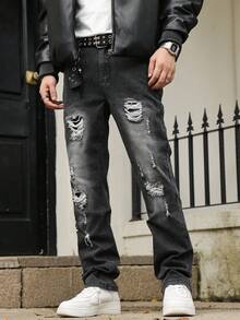 男士修身弹力破洞牛仔裤，休闲学院街头风格，适合所有季节 - 灰色 - 查看 1