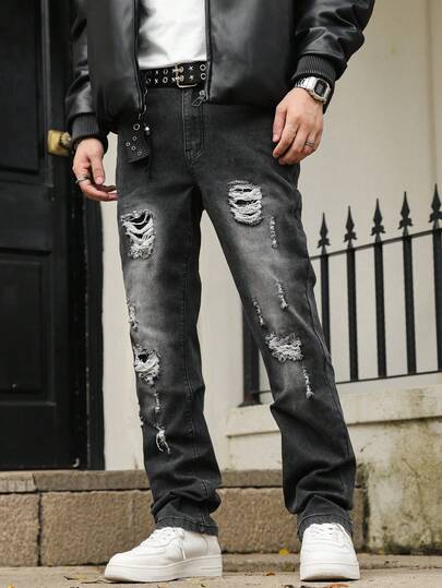 男士修身弹力破洞牛仔裤，休闲学院街头风格，适合所有季节