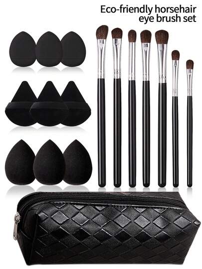 3/6/7/17 pezzi Set di pennelli per trucco nero, Set di pennelli per trucco occhi naturali e Set di spugnette per trucco non pastoso & Borsa portaoggetti grande e minimalista
