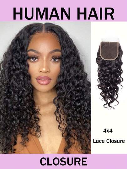 Cierre de encaje de 4x4 de cabello humano con ondas de agua, color natural, extensiones de cabello humano con ondas de agua, cierre de encaje transparente para mujeres