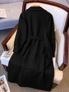 Solid Color Knotted Waist Pocket Casual Overcoat - Black - View 2