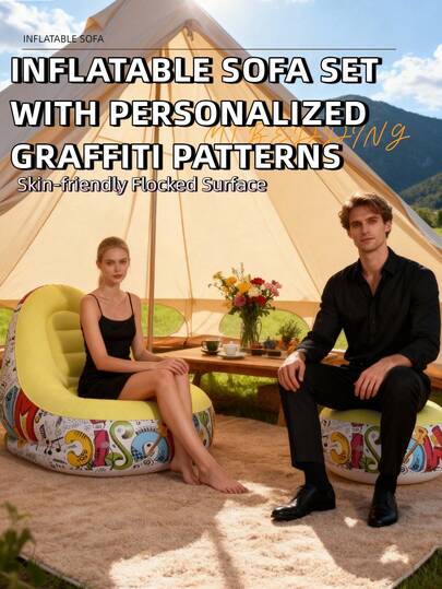 1 件带脚凳的充气涂鸦沙发、充气露营椅、充气懒人沙发、充气椅、可折叠便携式充气椅、适用于客厅、卧室、阅览室、卧室、阳台、户外露营、易于存放和携带、休闲娱乐、宿舍、靠背椅