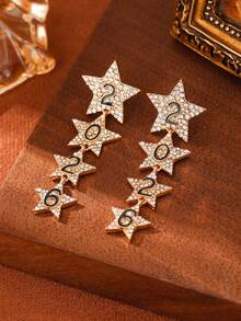1 Pair Women Rhinestones 2026 Star Long Earring,Fashion Xmas Star Earring Studs For New Year/Christmas Party