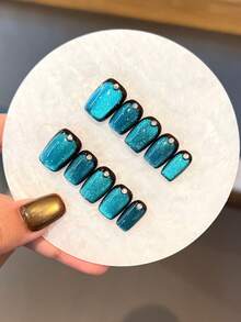 10PCS Handmade False Nails With Huge Starry Sky Cat Eyes, Small Broken Diamonds, And A Metallic Texture. Pressing Nails Are Suitable For Women And Girls In Daily Life, Parties, Dances, And As Gifts For Friends. Short Fake Nails Are Simple, Cute, And Versatile, With Jelly Glue And Rubbing Strips As Gifts - Blue - View 7