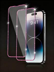 2pcs Pink Glitter Film, High-Definition Tempered Glass Screen Protector, Anti-Sweat, Shatterproof, Anti-Theft, Compatible With IPhone11/12/13/14/15/16/16Plus/16Pro/16Promax/16e/17/17 Air/17 Pro/17 Pro Max - Clear - View 3