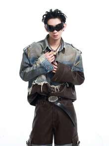 Men's Two-Piece Set, Jeans Vintage Distressed Patchwork Denim Jacket Men's Autumn And Winter Dirty Jacket - Blue - View 5