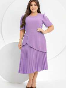 ELEGANT PLEATED WOMEN'S MIDI DRESS, EVANGELICAL FASHION, DUNE FABRIC, Asymmetrical Button, Pleated Congress - Red Violet - View 1