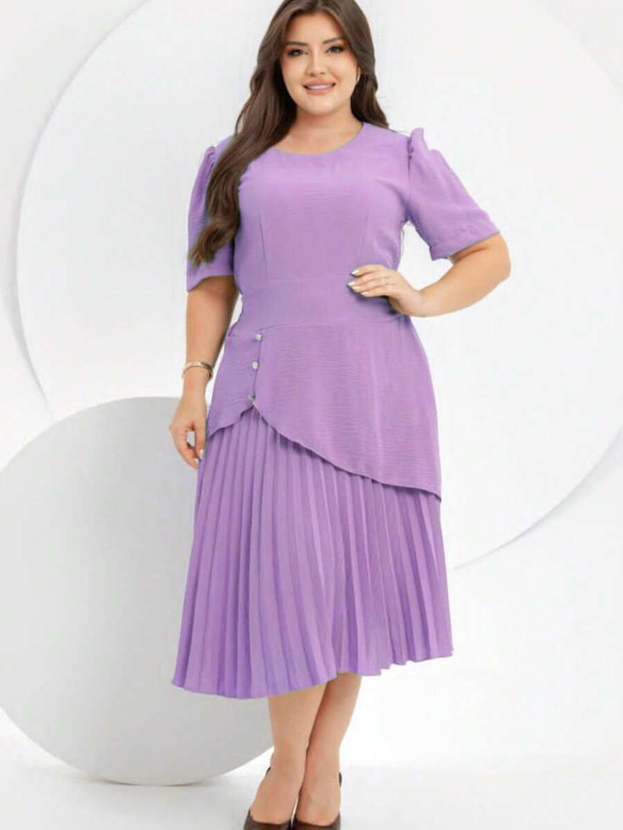 ELEGANT PLEATED WOMEN'S MIDI DRESS, EVANGELICAL FASHION, DUNE FABRIC, Asymmetrical Button, Pleated Congress - Red Violet - View 1