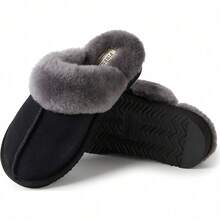 Women's Sydney Slippers, Genuine Shearling Suede Scuffs, Memory Foam Slip-In House Shoes - 黑色/灰色毛皮 - 查看 7