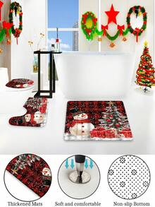 4 pezzi Set di decorazioni natalizie invernali: Tenda da doccia lavabile con motivo pupazzo di neve e albero, include 12 ganci, copriwater a forma di U antiscivolo e tappetino da bagno, adatto per decorazioni natalizie per casa e bagno, regalo