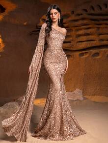 Faeriesty Vestido de noche formal de mujer con un solo hombro, manga dramática hasta el piso, abertura alta en la pierna y bajo de sirena elegante. Perfecto para galas de etiqueta negra, bodas formales, bailes de caridad de lujo, galas corporativas de alta gama y ceremonias de premiación de alta categoría. - Caqui - Ver 6