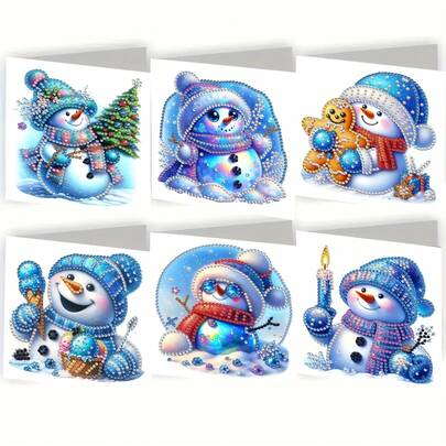 6pcs Diamond Painting Greeting Card Set, DIY Christmas Snowman Design - Includes 6 Envelopes, High-Quality Craft Paper Material, Mosaic Art Creative Postcard. Suitable As A Holiday Greeting Or To Convey Heartfelt Wishes, Expressing Warmth And The Best Wishes.