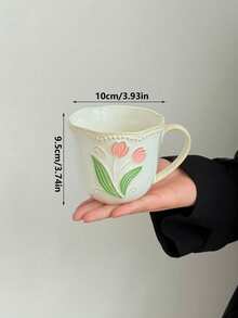 1 pieza Taza de café con diseño de tulipán en relieve y acabado de esmalte craquelado vintage, taza de cerámica de alta calidad para arte de latte, elegante taza para el té de la tarde, taza para desayuno y leche. Adecuada para restaurante, sala de estar, regalo de cumpleaños, regalo para ella, regalo para la mejor amiga