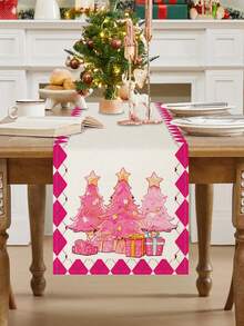 1pc/15pcs Christmas Linen Table Runner, Pink Christmas Tree Gift Box Table Runner, Merry Christmas, Suitable For Home, Restaurant, Dining Table Decor, Household Items