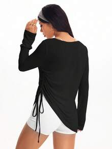 Damen-Sport-Langarmshirt – Schwarzes V-Ausschnitt-Unterhemd mit Kordelzug – Lässiges Unterhemd für Yoga, Lässig und Fitness