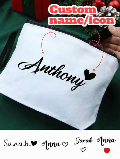 LICVIC Borsa per trucchi personalizzata con nome, regali di Natale personalizzati, borsa portaoggetti personalizzabile, borsa da toilette da viaggio personalizzabile, in poliestere, astuccio per matite in tessuto, elementi essenziali da viaggio, decorazioni natalizie, motivo natalizio di amore, pieghevole, bianco, Natale, regali per damigelle, moda, soggiorno, coppia, ragazze, migliore amica, mamma