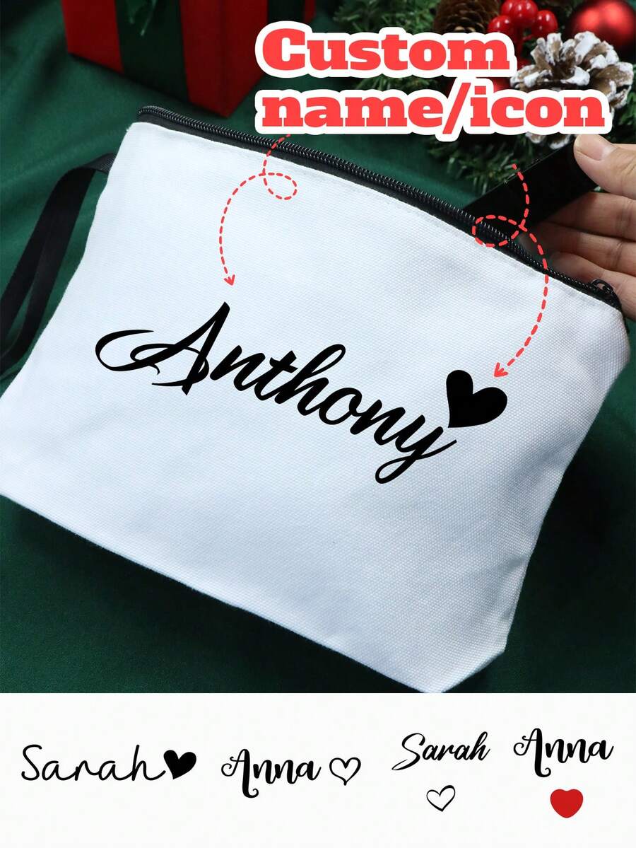 LICVIC Borsa per trucchi personalizzata con nome, regali di Natale personalizzati, borsa portaoggetti personalizzabile, borsa da toilette da viaggio personalizzabile, in poliestere, astuccio per matite in tessuto, elementi essenziali da viaggio, decorazioni natalizie, motivo natalizio di amore, pieghevole, bianco, Natale, regali per damigelle, moda, soggiorno, coppia, ragazze, migliore amica, mamma