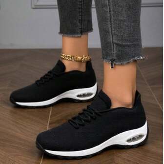 Zapatillas casuales de mujer de punto blancas y rosas, con amortiguación acolchada, estilo vintage de plataforma y diseño de calcetín deslizante