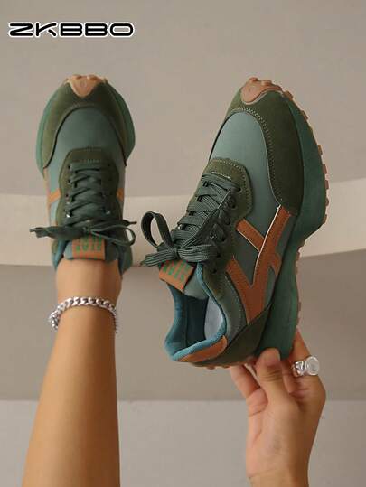 ZKBBO 女士休闲运动鞋复古系带平底舒适步行鞋，轻便简约健身鞋，适合所有季节