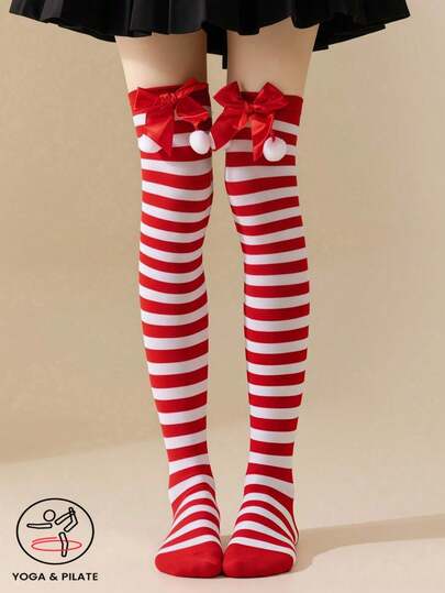 1 Pair European & American Style Christmas Striped Thigh High Socks For Women - Party Outfit, Surprise Gift