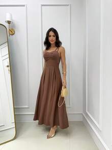 Long Dress With Double Straps And Ruched Detail On The Bust - Dark Brown - View 2