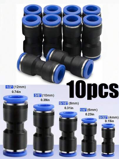 10pcs Durable Nylon Quick Connect Straight Push Connectors - Leakproof, Easy-To-Install Pneumatic Air Line Hose Fittings With Blue Rubber Gaskets, Fit For US & European Hoses
