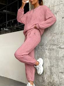 Relaxed Texture Pullover Pants, Long-Sleeved Round-Neck Sportswear And Jogging Pants Combination, Women's Clothing, High-Quality Textured Casual Pullover Set, Releasing A Sense Of Relaxation And Ease - Pink - View 5