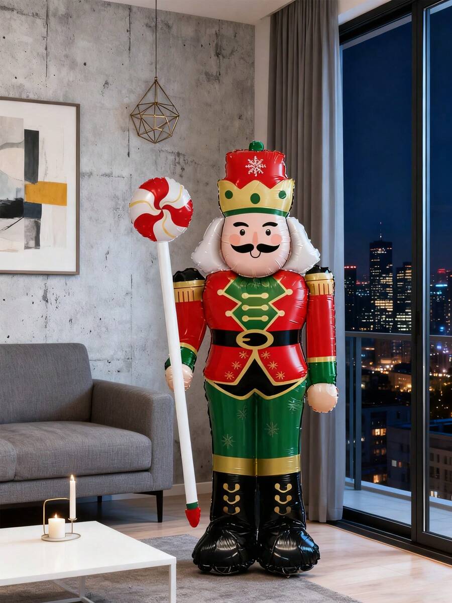 1pc 62-Inch Standing Candy Nutcracker Soldier Foil Balloon, Christmas Theme Decoration For Shopping Mall Atmosphere, Indoor Themed Decor - Multicolor - View 1