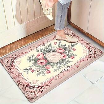1 pieza, Estilo francés Decoración de ambiente de jardín floral fresco para cocina, baño, sala de estar, Alfombra absorbente para piso, Felpudo de entrada, Alfombra decorativa antideslizante lavable para el hogar, Decoración de dormitorio, Accesorios de fotografía, Alfombra rectangular para baño, Adecuada para decoración de baño, Alfombra de baño