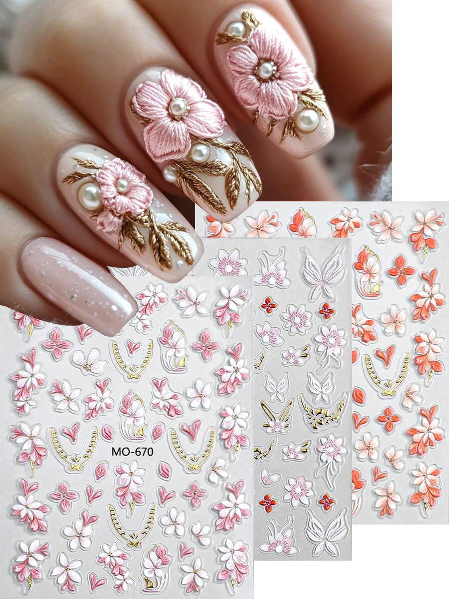 刺绣花卉美甲贴纸，红色粉色橙色桃花自粘指甲贴纸贴花，闪亮金色美甲贴纸高品质 - 彩色 - 查看 1