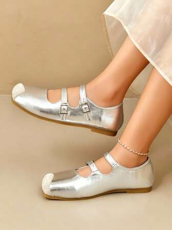 Women's Square Toe Mary Jane Shoes, Patchwork Double Buckle Strap Flats, Comfortable Slip-On Soft Bottom Casual Shoes For All Seasons
