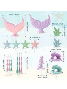 17pcs Mermaid Tail Cake Decorations, Ocean Series Cake Decorations, Fantasy Mermaid Tail Cake Decoration Accessories, Seaweed Coral Shell Starfish Cake Inserts, Suitable For Baptism Cake Decorations, Birthday Cake Decorations, Babyshower Party Cake Decorations, Mermaid Theme Cake Decoration Party Supplies (Soft Rubber Material, Reusable)