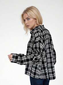 Womens Long Sleeve Plaid Shirts Flannel Collared Button Down Shackets Casual Rolled Up Boyfriend Blouses Tops - màu đen - Xem 4