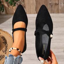 新款秋季女士套脚鞋，绒面尖头套脚百搭工作乐福鞋 - 黑色 - 查看 3