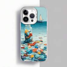 Colorful Stones Beach Design Phone Case Light Blue Glass Carafe And Boat In The Sea Print Phone Case Ideal For Daily Use And Travel Going Out With Fashion Phones - Black - View 3