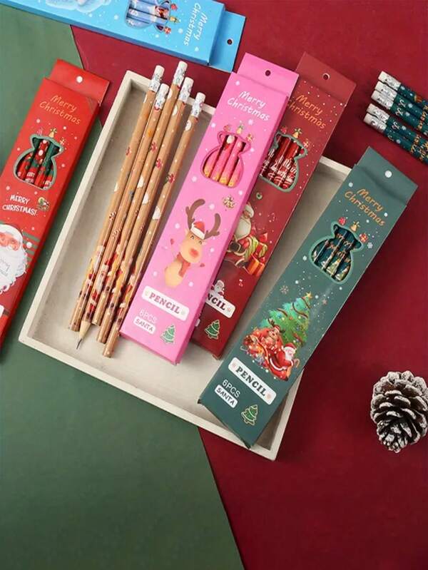 1 Set Christmas Themed Pencil Set - 1 Set (6pcs), Multiple Styles To Choose From, Includes Erasers, Christmas Themed Stationery Pencils, Suitable For Offices, Schools, Classrooms, Ideal For Holiday Stationery In Offices, Schools, And Classrooms, Perfect For Graduation Awards And Gifts, Christmas Gifts, Christmas Home Decor