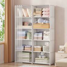 5/6 Tier White Bookcase, Space-Saving Bookshelf With Dust Cover, Multifunctional Display Cabinet For Books, Clothes, Suitable For Bedroom, Study, Rental, Dorm - Multicolor - View 3