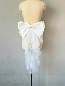 1 Piece Of Personalized Custom White Satin Ribbon Bow Decorative Belt, Suitable For Wedding Dresses, Bow With Asymmetrical Tulle Tail, With Asymmetrical Mesh Satin Ribbon Drape, One Size New Fashion Satin Wedding Bow, With Ruffled Tulle Lolita Bridal Dress Decoration, Bow Belt, Women's Accessories