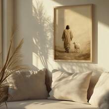 Framed Picture Jesus And Sheep Walking Faith Hope Christian Spiritual Religious Picture - 摩卡棕 - 查看 2