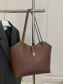 Contrast Color Lace-Up Shoulder Bag With Dual Handles, Suitable For Work Or School. Perfect For Graduate Students, Young Girls, College Freshmen To Seniors, And High School Students. - Coffee - View 7